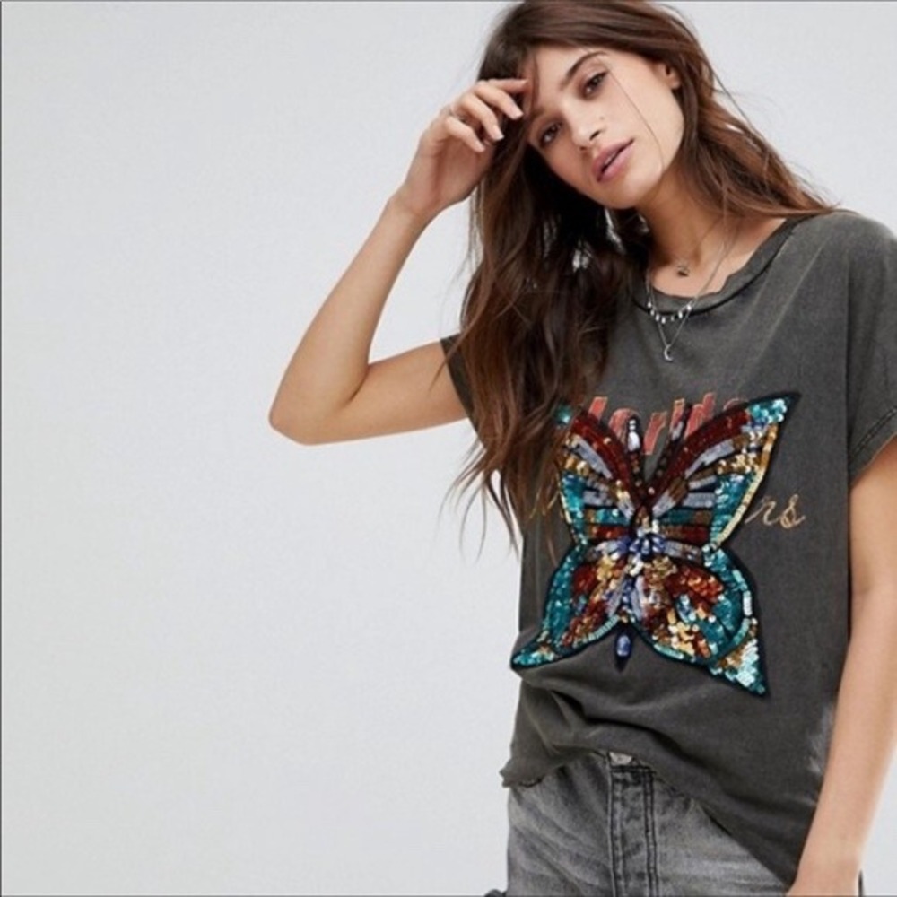 Free People Butterfly Sequin Acid Wash Tee XS Boho Grunge Festival Indie Retro